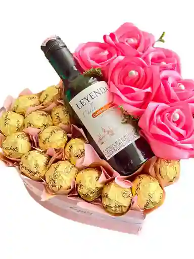 Regalo Corazon Especial Premium Con Vino, Rosas Eternas Rosadas Y Chocolates - Feliz Dia - Regalo Sorpresa - Regalo Cumpleaños - Feliz Dia Mamá - Feliz Dia De Las Madres