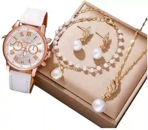 Set Reloj Para Mujer Blanco Perla Con Accesorios