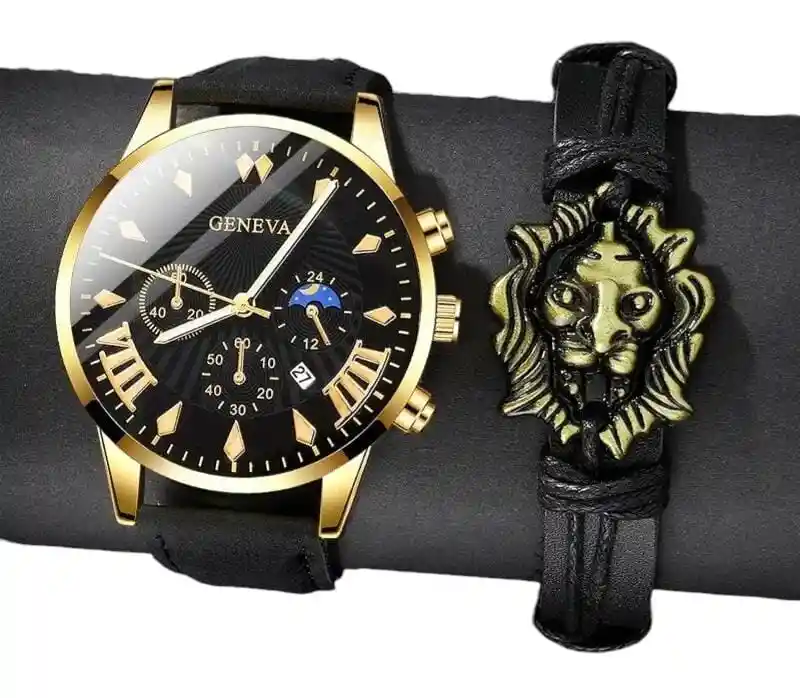 Set Reloj Para Hombre Negro Con Pulseras Reloj Hombre León