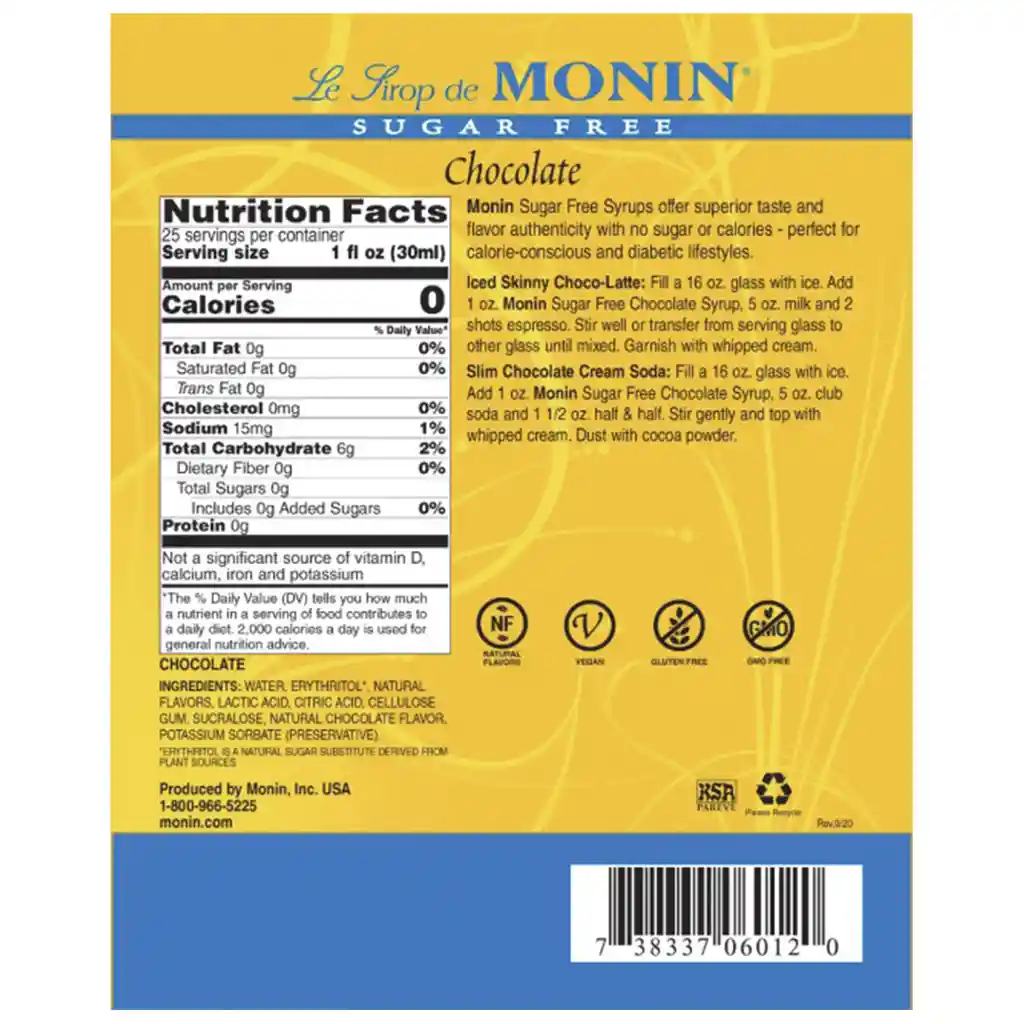 Monin Sirope De Chocolate Sugar Free 750 Ml (25.4 Fl Oz)