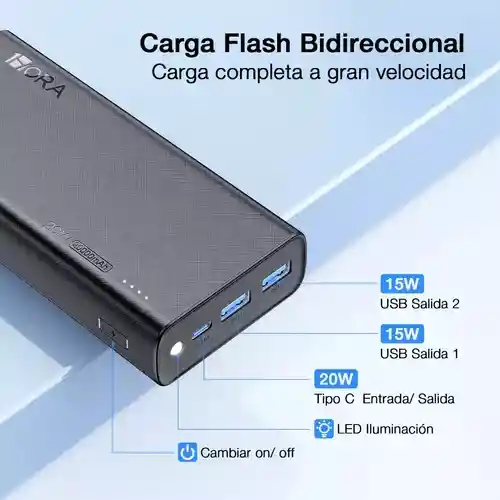 Power Bank 20.000 Mha 1hora Bateria Portatil Gar158 Usb-c Portátil Con Cable Carga Super Rápida Negro