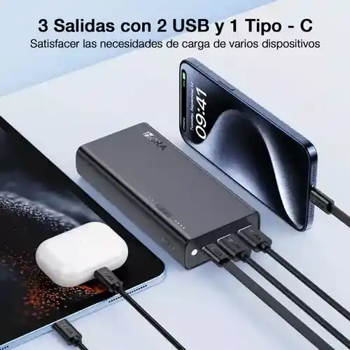 Power Bank 20.000 Mha 1hora Bateria Portatil Gar158 Usb-c Portátil Con Cable Carga Super Rápida Negro