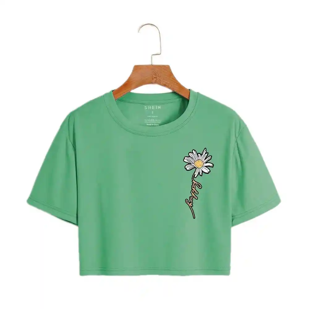 Camiseta Crop Shein Para Dama Ezwear Con Estampado Verde Talla M
