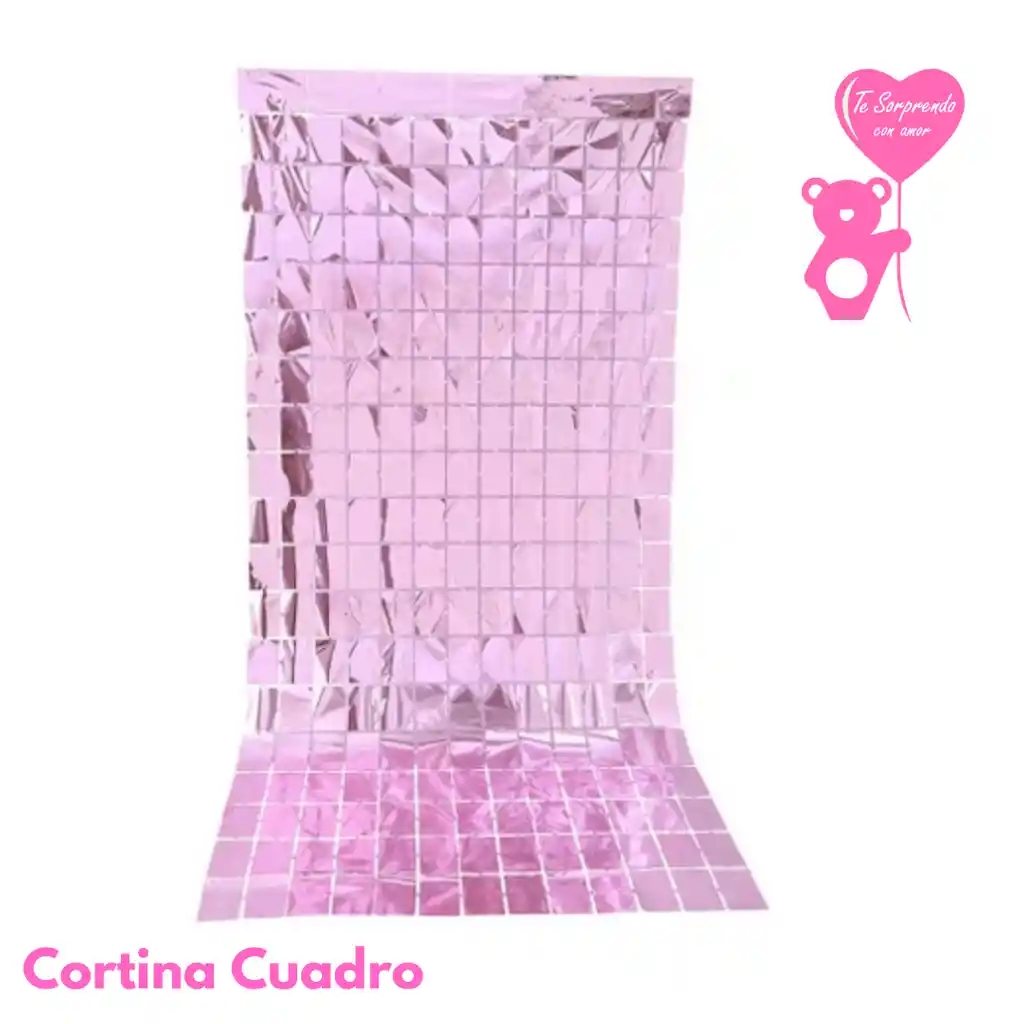 Cortina Cuadros Rosado Espejo Metalizado Para Cumpleaños