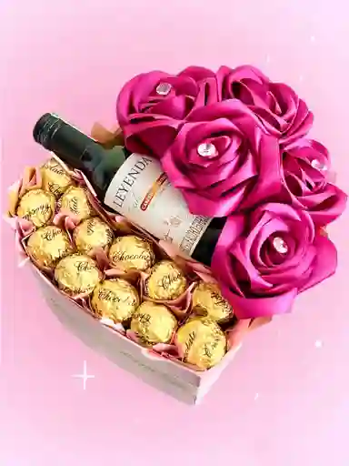 Regalo Corazon Especial Premium Con Vino, Rosas Eternas Magenta Y Chocolates - Feliz Dia - Regalo Sorpresa - Regalo Cumpleaños - Feliz Dia