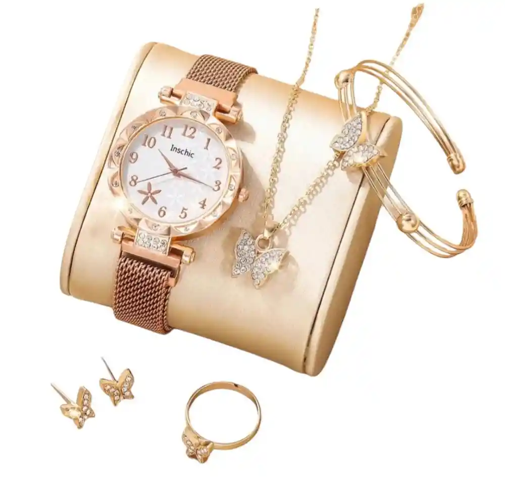 Set Reloj Para Mujer Mariposa Dorado Con Collar Aretes Reloj