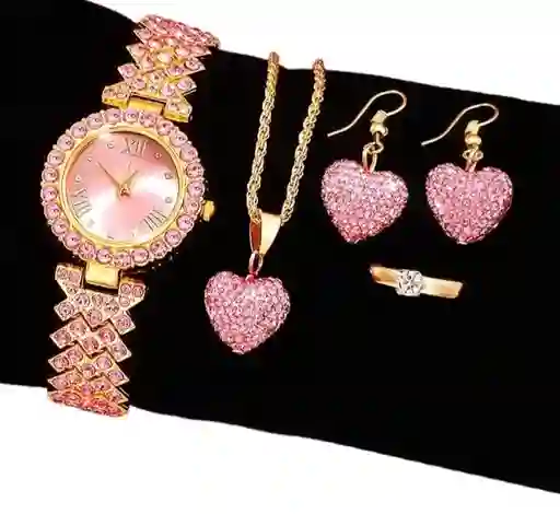 Set Reloj Para Mujer Corazones Fucsia Con Collar Aretes Reloj