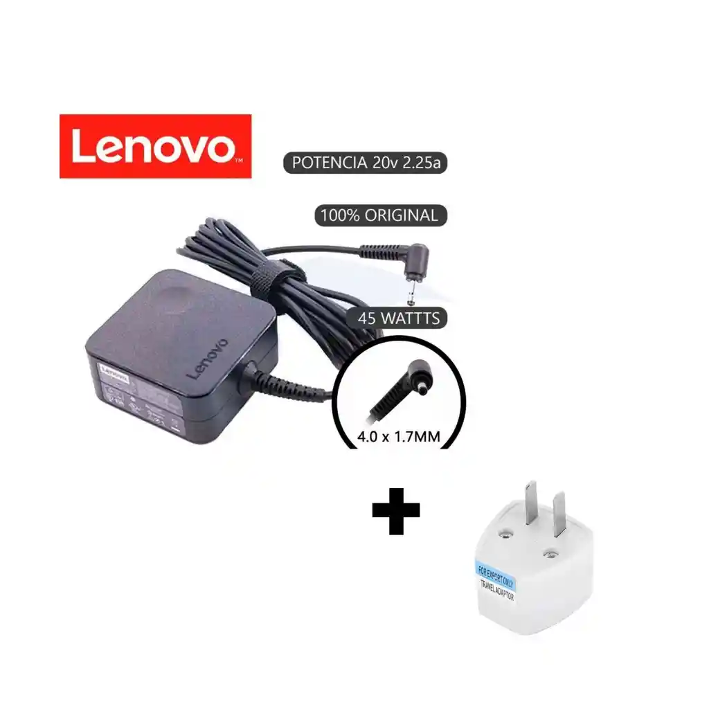 Cargador Lenovo Original 20v 2.25a + Convertidor Europeo