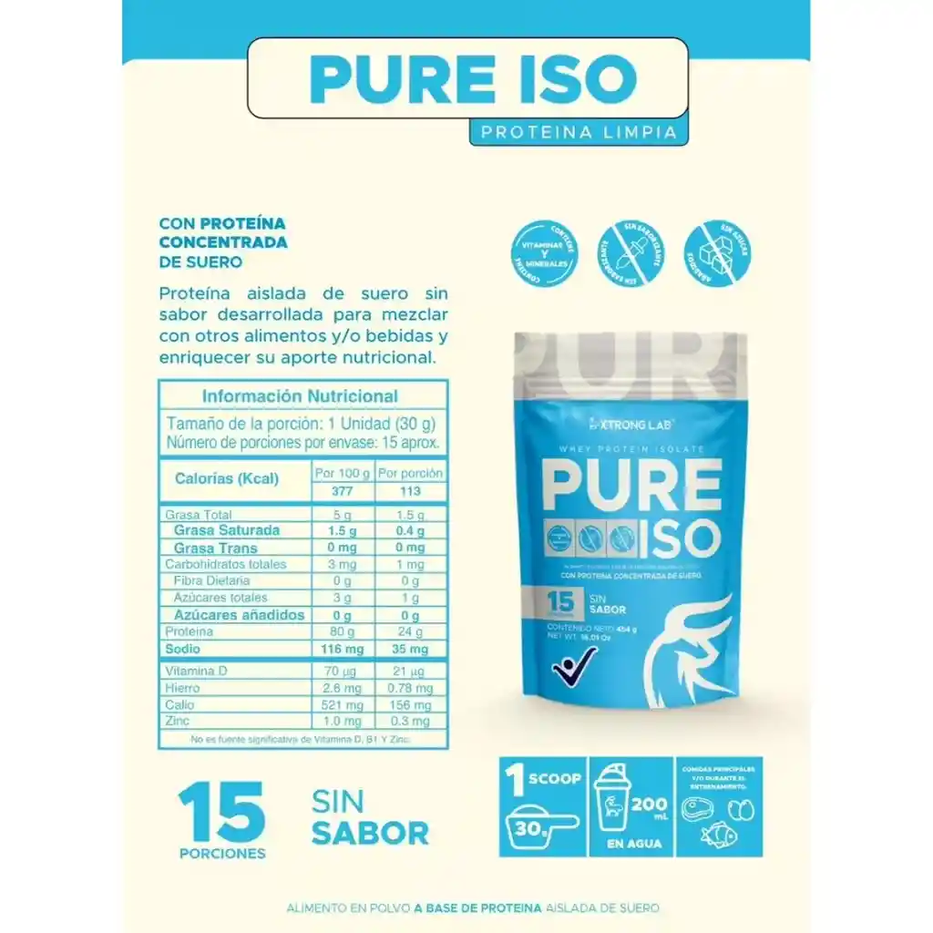 Whey Protein Isolate Pure Iso 15 Serv - Xtrong Lab - Sin Sabor