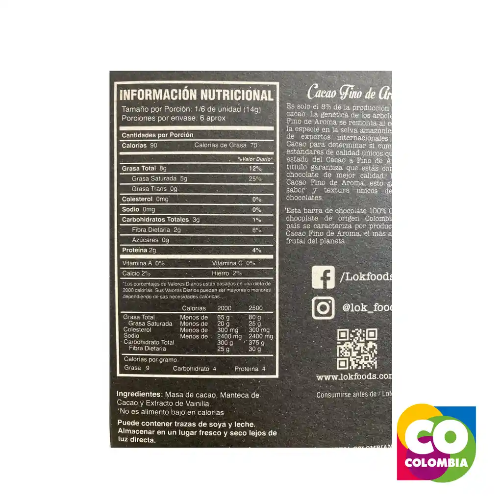 Barra De Chocolate 100% Marca Lok Embalaje De 1 Unidad Por 85g