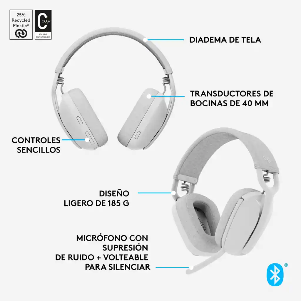 Diadema Profesional Inalámbrica Bt, Logitech Zone Vibe 100 Blanco