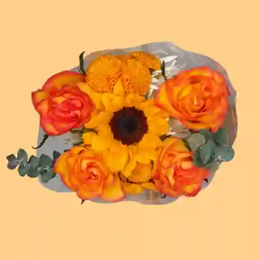 Bouquet Mini De Rosas Naranjas/amarillas Con Girasol