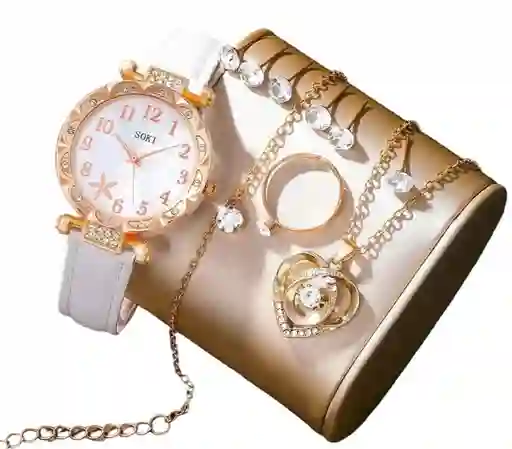 Kit Reloj Para Mujer Corazón Blanco + Collar Aretes Senc