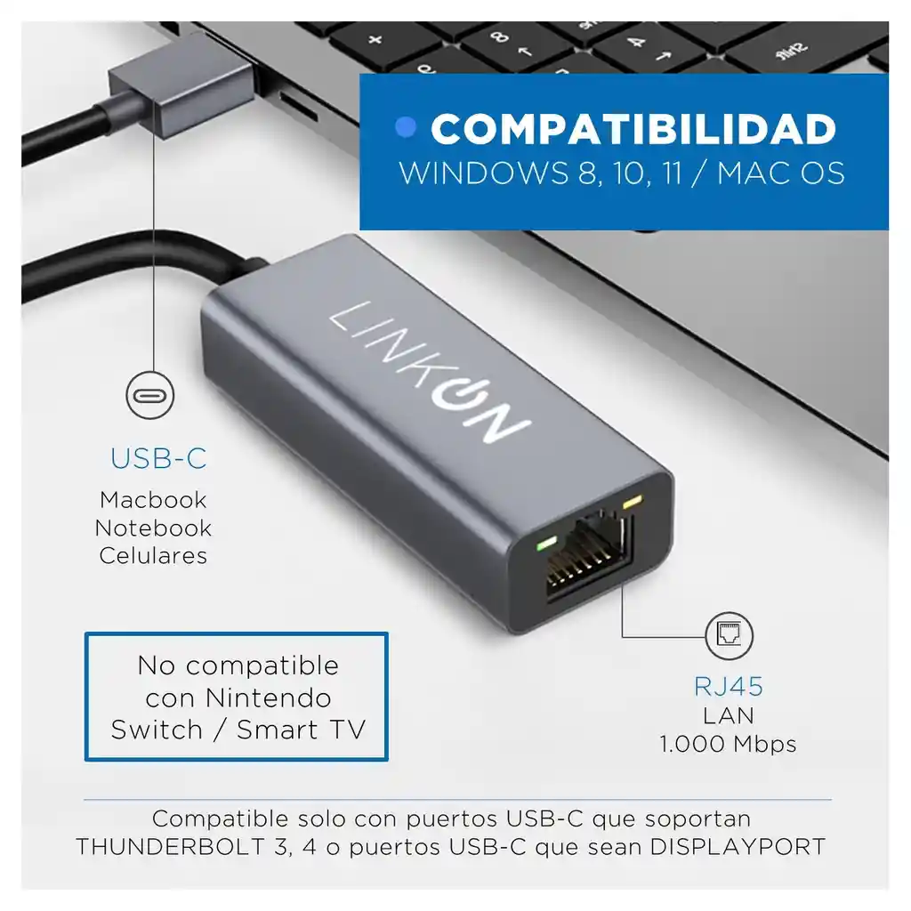 Adaptador Usb C Ethernet Rj45 Cable Red Linkon Gigabit 1000
