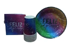 Set Platos, Vasos, Servilletas Sempertex Feliz Cumpleaños Vibrante X8 Unidades