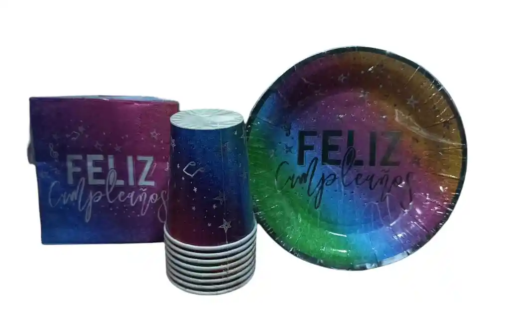 Set Platos, Vasos, Servilletas Sempertex Feliz Cumpleaños Vibrante X8 Unidades