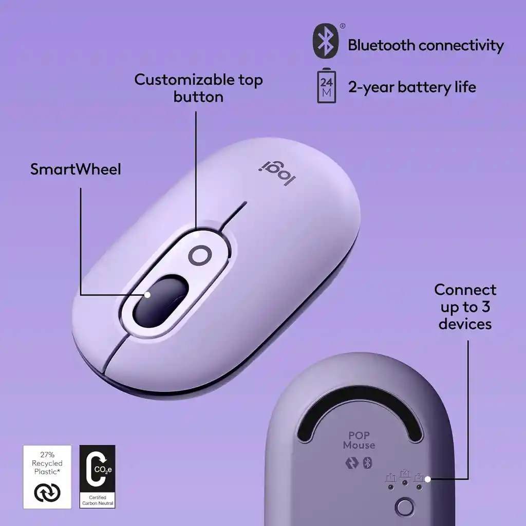 Mouse Logitech Pop Morado Bluetooth Con Emojis Personalizables, Tecnología Silenttouch