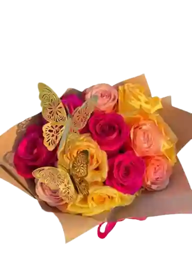 Rosas Fucsias, Amarillas, Naranjas Mariposas De Amor