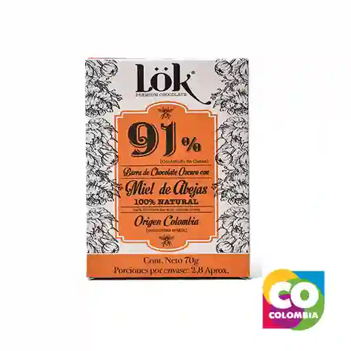 Chocolate 91% Con Miel Marca Lok Embalaje De 1 Unidad Por 70g