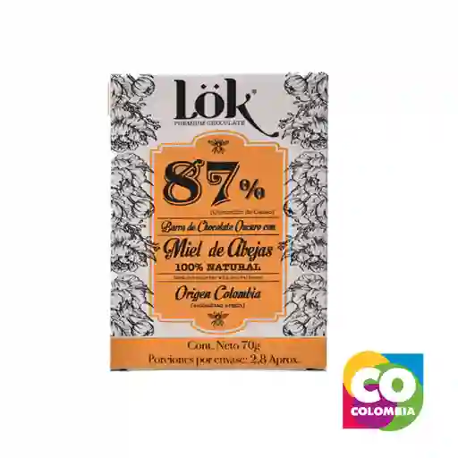 Chocolate 87% Con Miel Marca Lok Embalaje De 1 Unidad Por 70g