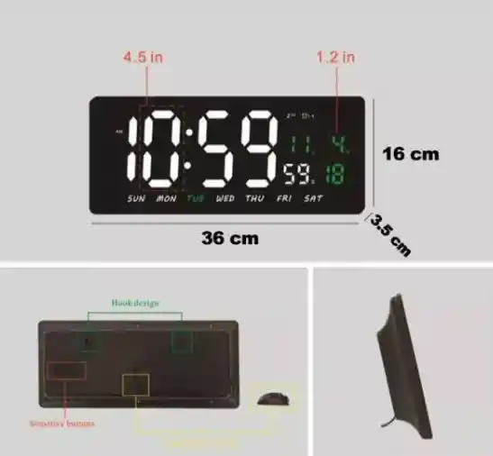 Reloj Led Digital De Pared Rectangular Color Negro Con Calendario, Fecha Y Temperatura Decoracion, Regalo, Hogar