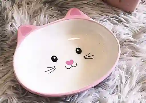 Plato Comedero Bebedero De Ceramica Orejas Gato Rosa