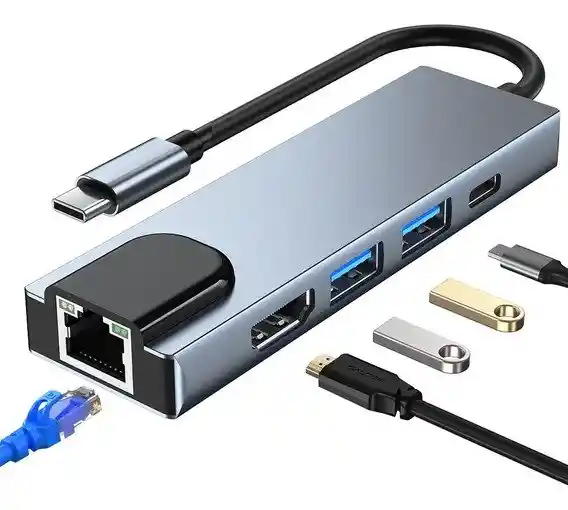Adaptador Tipo C 5 En 1 Lan, Usb 3.0 , Tipo C, Hdmi Y Tipo C
