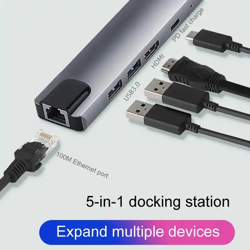 Adaptador Tipo C 5 En 1 Lan, Usb 3.0 , Tipo C, Hdmi Y Tipo C