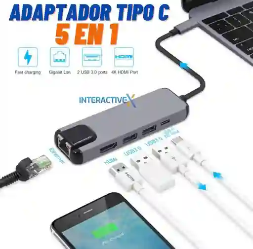 Adaptador Tipo C 5 En 1 Lan, Usb 3.0 , Tipo C, Hdmi Y Tipo C