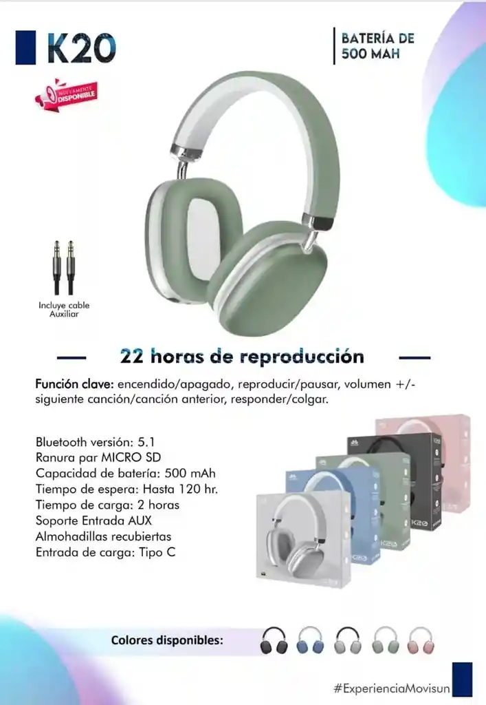 Diadema Bluetooth 5.1 Movisun Cuadrada K20