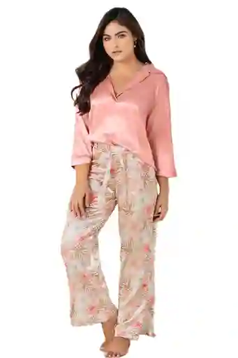 Pijama Pantalon Satin Estampado + Camisa 3/4 | Carol 50019 | Talla: Xl | Color: Alegria Rose