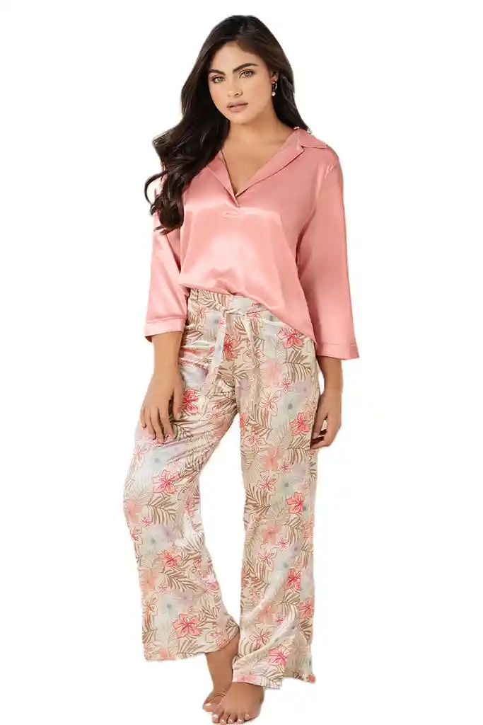 Pijama Pantalon Satin Estampado + Camisa 3/4 | Carol 50019 | Talla: S | Color: Alegria Rose