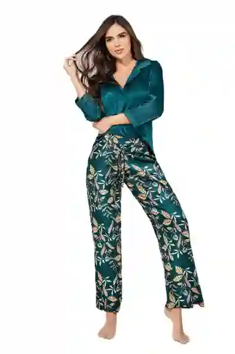 Pijama Pantalon Satin Estampado + Camisa 3/4 | Carol 50019 | Talla: L | Color: Afrodita Velvet