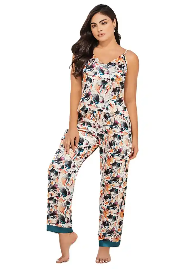 Pijama Pantalon Satin Estampado Con Vivos + Blusa De Tiras | Carol 50024 | Talla: S | Color: Eden