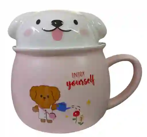 Mug Taza Pocillo Vaso Ceramica Motivo Perro Perrito Rosado Con Tapa