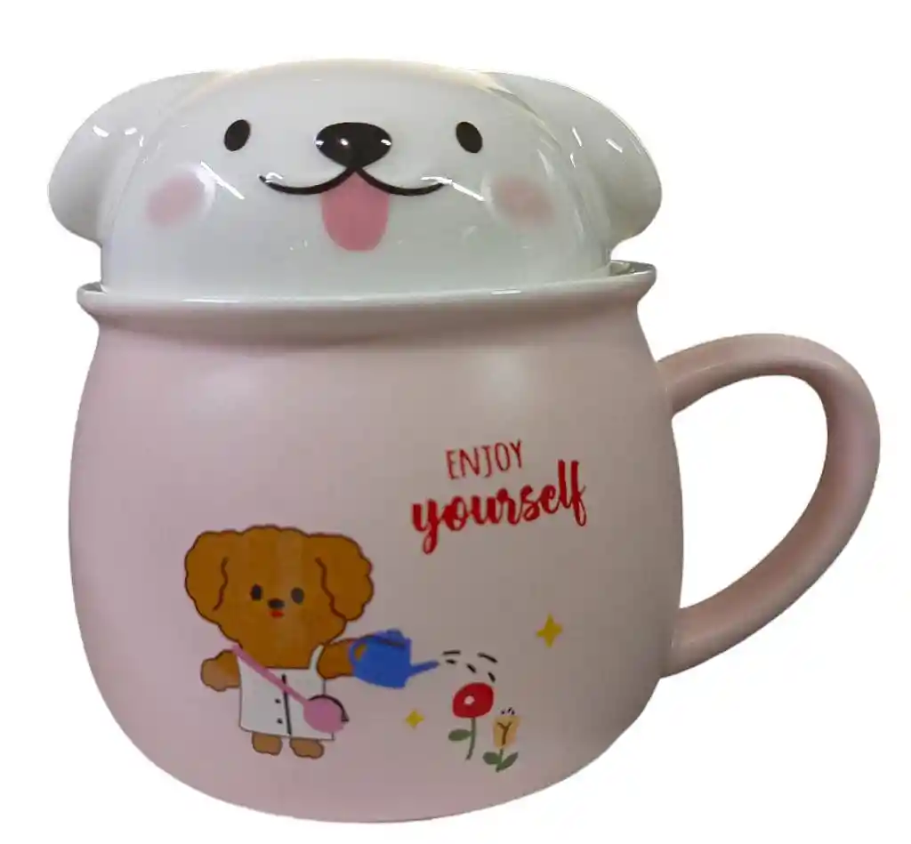 Mug Taza Pocillo Vaso Ceramica Motivo Perro Perrito Rosado Con Tapa