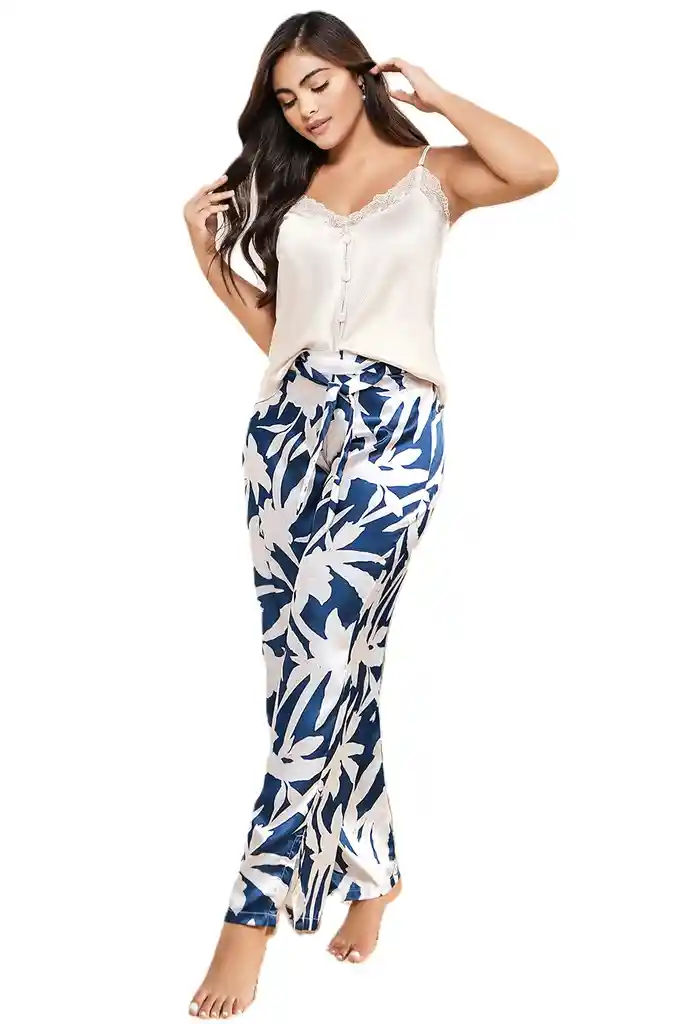 Pijama Pantalón Satin Estampado + Blusa Tiras Unicolor Con Botones | Carol 50026 | Talla: L | Color: Promesa Nacar