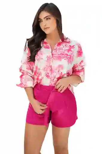 Pijama Short Satin Unicolor + Camisa Manga Larga Estampada Con Botones | Carol 50036 | Talla: M | Color: Deseo Valentino
