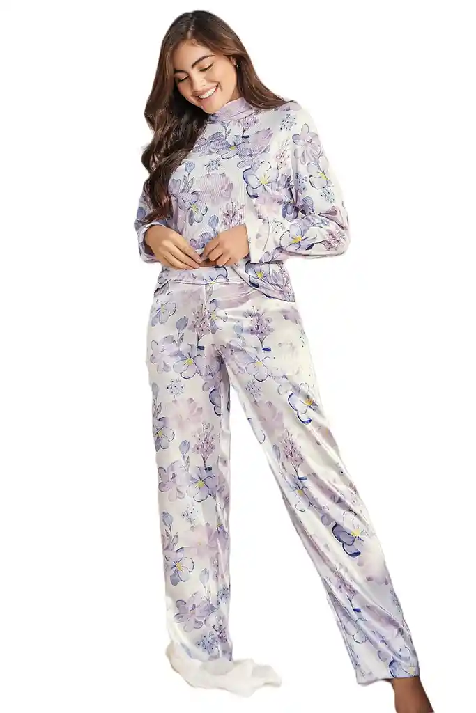 Pijama Pantalón Satin Estampado + Buso En Algodón Estampado Cuello Alto | Carol 50045 | Talla: S | Color: Milagros