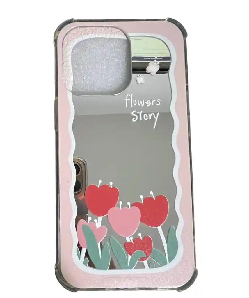 Funda Case Para Iphone 13 Pro Efecto Espejo Borde Rosa Con Flores