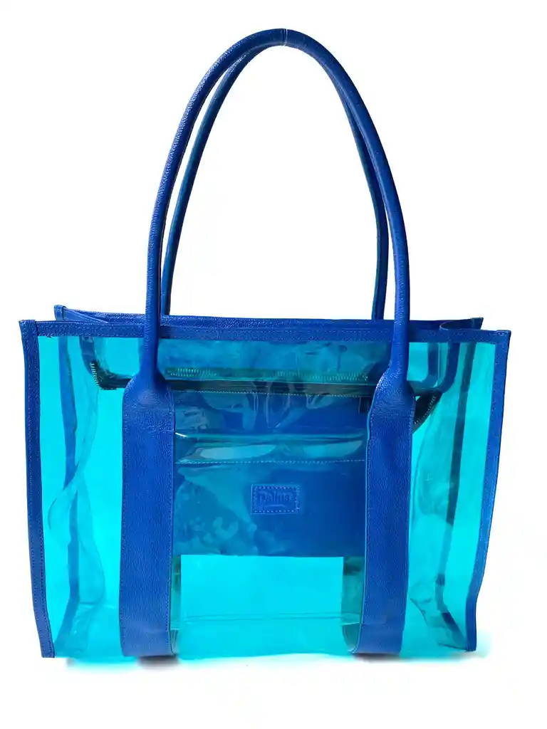 Bolso Tote Bag Grande Transparente Azul Para Viajes Diseñada En Vinilo Y Cuero