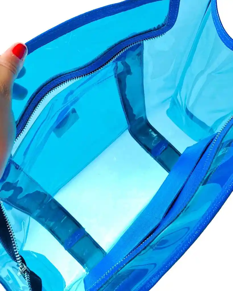 Bolso Tote Bag Grande Transparente Azul Para Viajes Diseñada En Vinilo Y Cuero