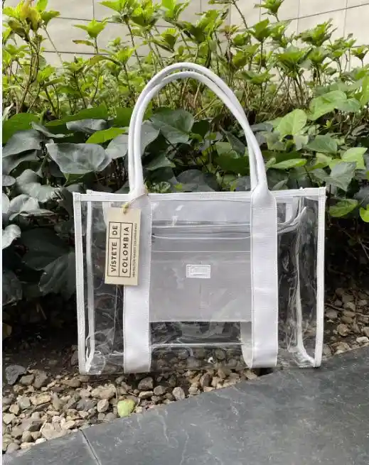 Bolso Tote Bag Grande Transparente Blanca Diseñada En Vinilo Y Cuero