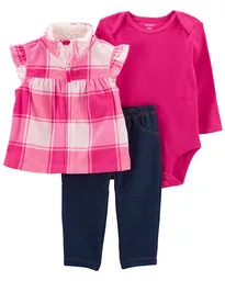 Conjunto Chaleco Sherpa Cuadros Fuscia - Multicolor / 3 Meses