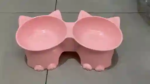 Comedero Doble Para Mascotas Cara De Gato Color Rosa