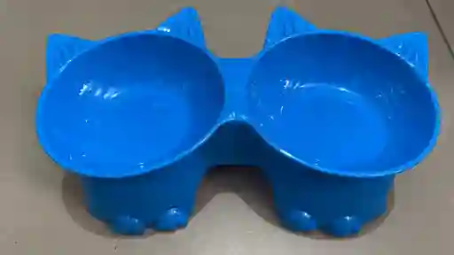 Comedero Doble Para Mascotas Cara De Gato Color Azul Oscuro