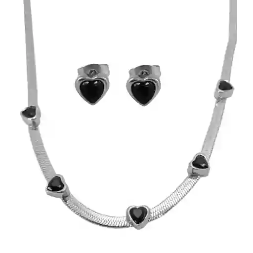 Set De Collar Y Aretes Plateado Dije Corazones Negros