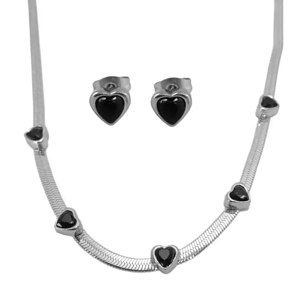 Set De Collar Y Aretes Plateado Dije Corazones Negros