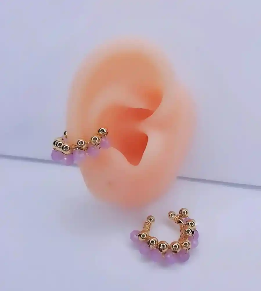 Earcuff Tejido Perlas Doradas Y Lila