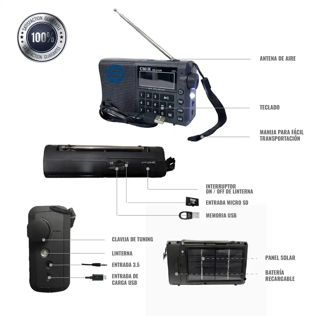 Radio Amfm Bluetooth Usb Panel Solar Recargable Aux Linterna